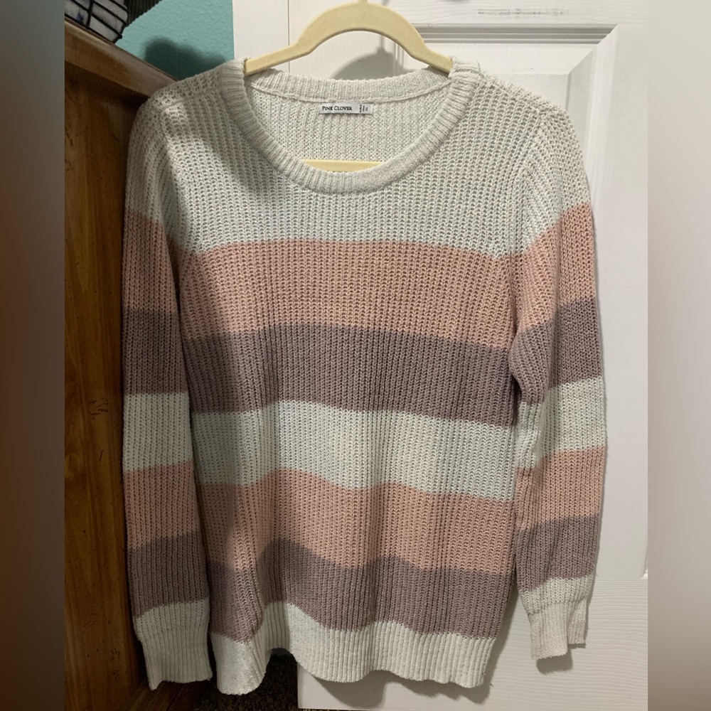 Pink Clover Striped Sweater - Pink, Cream, and Gray